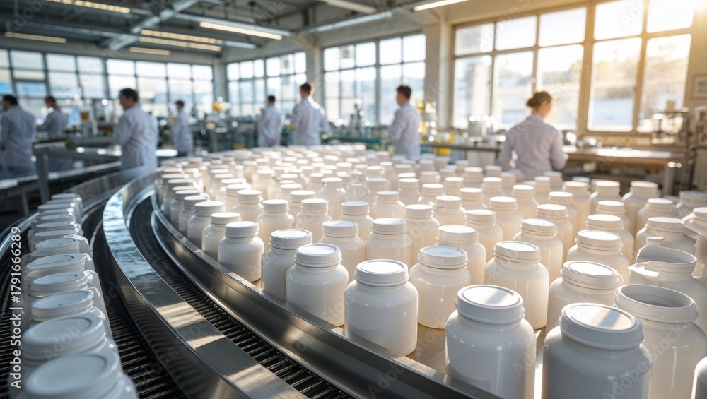 Fototapeta premium Pharmaceutical production line with white bottles on a conveyor belt
