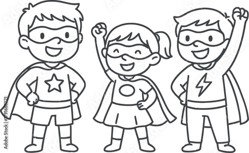 Three happy cartoon superheroes standing together ready for action