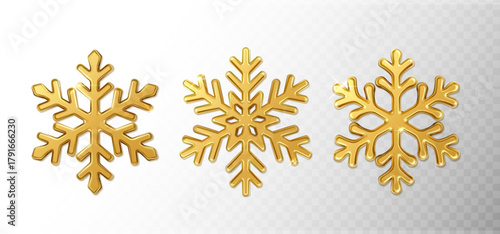 3d realistic vector icon illustration. Set of sparkly golden snowflakes on transparent background.
