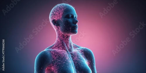 human body anatomy, A digital artwork depicting the back view of a human figure with a prominent spine illuminated