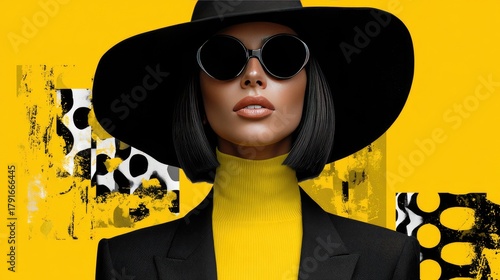 Chic Fashion Model in Black Hat and Sunglasses Against Vibrant Yellow Art Background