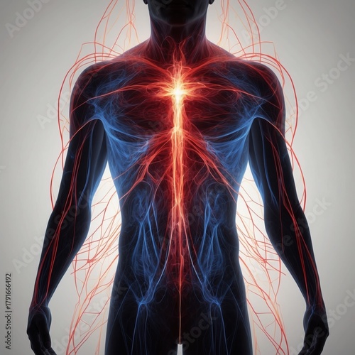 human body anatomy, A digital artwork depicting the back view of a human figure with a prominent spine illuminated