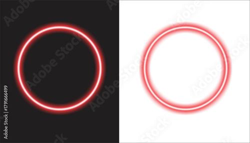 Futuristic neon red circle frame graphic element on split black and white background for modern technology, gaming, social media story, or product presentation border vector template.