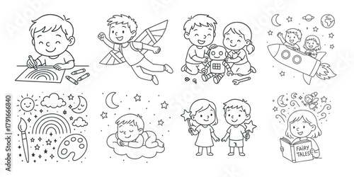 Whimsical line art illustrations of children and fantasy elements
