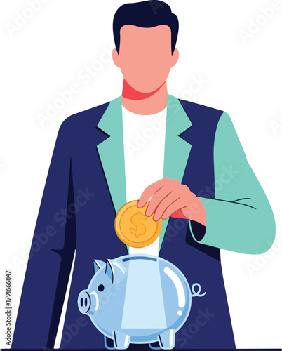 Person putting a coin into a piggy bank, concept of savings, financial planning, money management, budgeting, investment, kids education.
