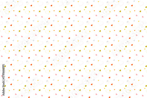A seamless pattern of hearts in warm tones of orange, yellow, pink, and grey on a white background. A cheerful and romantic design.