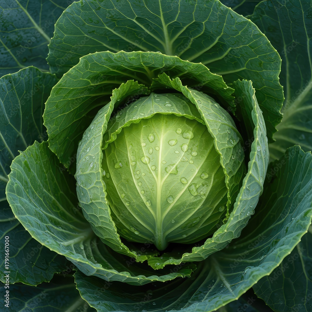 Fototapeta premium Crisp green cabbage leaf wet with condensation, suggesting hydration and cool vegetable relief. Natural cooling method for wellness and health ,diet ,background ,summer