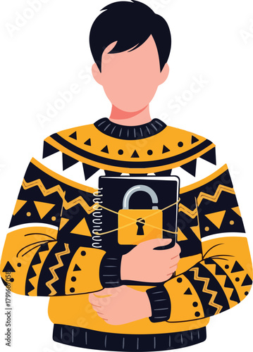 Man in sweater holds locked book, hands crossed. Suitable for educational, mystery, or library concept designs. Symbolizes secrecy and knowledge.