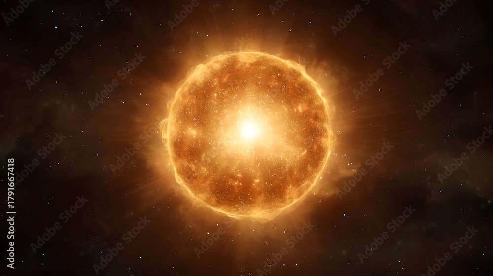 Obraz premium A brilliant star resembling the sun glows intensely in the vast expanse of deep space surrounded by nebulae and distant stars