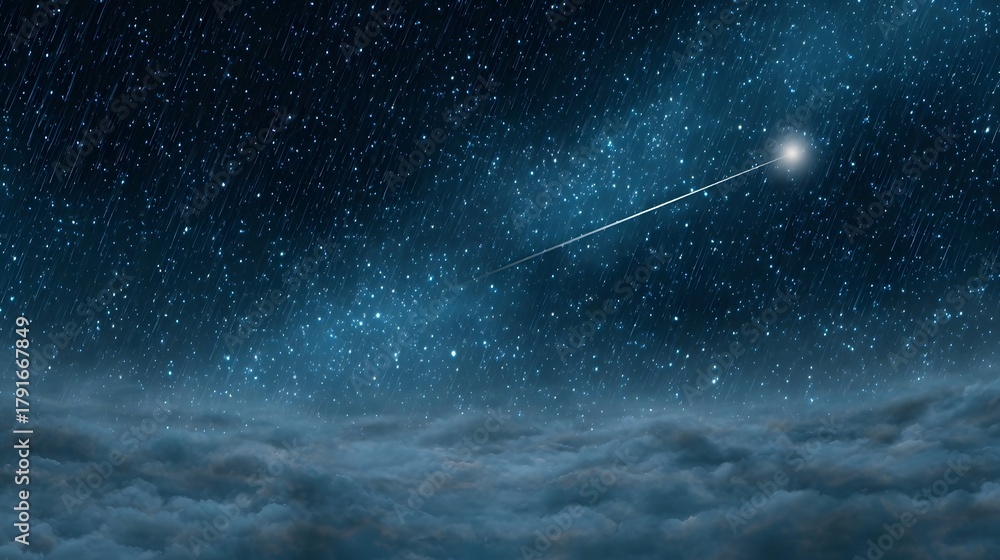 Naklejka premium A shooting star streaks across a vast star filled night sky above a layer of soft clouds creating a sense of wonder and tranquility