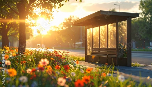 Golden Hour Bus Stop with Scenic Sunset, Blooming Flowers, Warm Evening Light, and City Life.