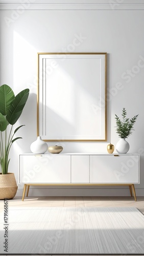 Minimalist room plant, frame, cabinet, white, sunlight