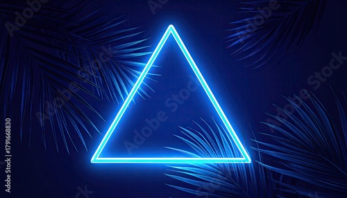 Neon triangle glows against dark palm fronds