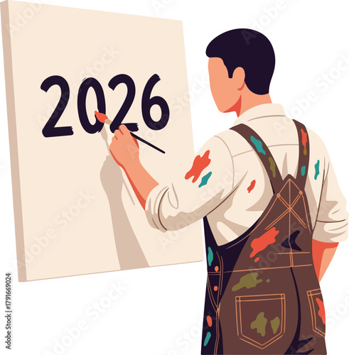 Artist paints 2026 on white canvas easel. Suitable for calendar designs, future forecasts, and new year concepts in art.