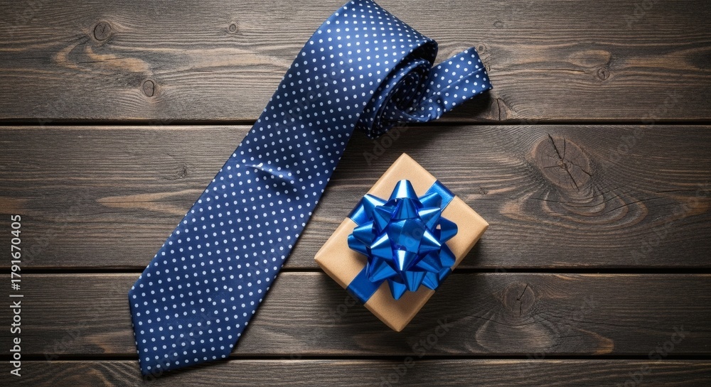 Obraz premium Fathers Day Gift Polka Dot Tie Wrapped Present on Rustic Wood.