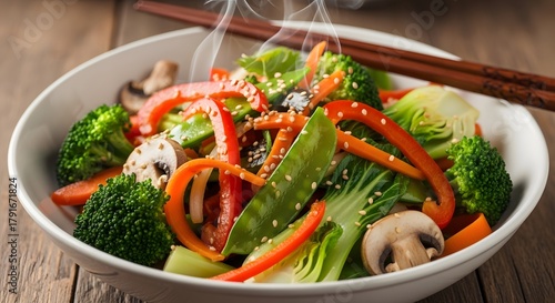 Fototapeta Naklejka Na Ścianę i Meble -  Delicious vegetable stir fry recipe with broccoli carrots and mushrooms dish