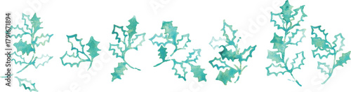 水彩画。水彩タッチのベクターイラスト。クリスマスの水彩フレーム。ヒイラギの葉っぱのクリスマス背景。Watercolor painting. Watercolor vector illustration. Christmas watercolor frame. Christmas background with holly leaves.