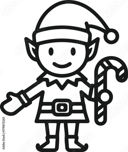 Cute christmas elf character holding a candy cane line art cartoon drawing