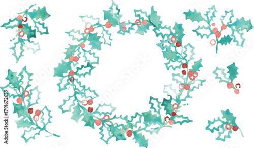 水彩画。水彩タッチのベクターイラスト。クリスマスの水彩フレーム。ヒイラギの葉っぱのクリスマス背景。Watercolor painting. Watercolor vector illustration. Christmas watercolor frame. Christmas background with holly leaves.