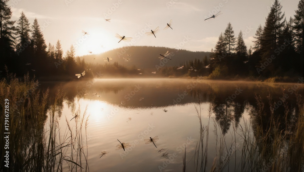 Fototapeta premium Mosquitoes Swarm Over Misty Lake at Sunrise in Forest.