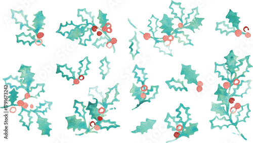 水彩画。水彩タッチのベクターイラスト。クリスマスの水彩フレーム。ヒイラギの葉っぱのクリスマス背景。Watercolor painting. Watercolor vector illustration. Christmas watercolor frame. Christmas background with holly leaves.