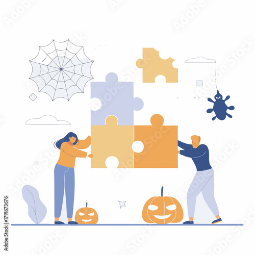 People assembling a halloween puzzle with pumpkins and a spider