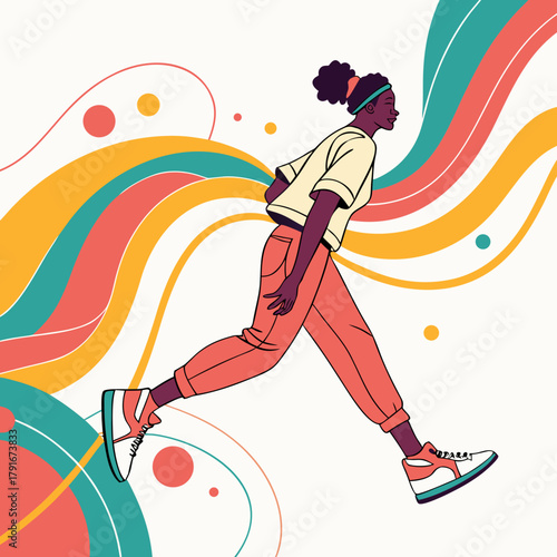 Young black woman in casual clothes running with abstract colorful waves