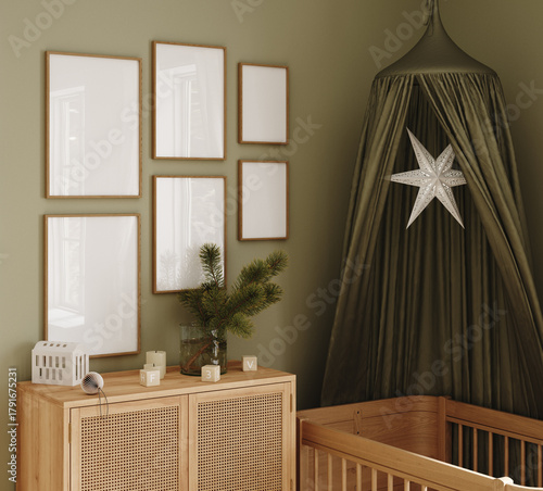Festive poster frame mockup, cozy green nursery decorated for Christmas, 3d render