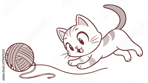 Cute cartoon kitten playfully chasing a ball of yarn with its tail up and a happy expression shown