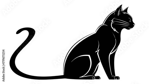 Illustration of a sleek black cat sitting with its tail curled up against a white background design