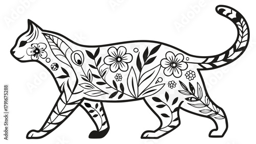 Illustration of a cat silhouette filled with floral patterns in black and white design style