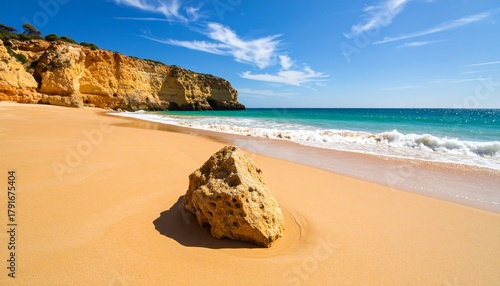 Stunning Algarve Beach Scene Golden Sand with Cliffs, Turquoise Waters, and Summer Vacation.