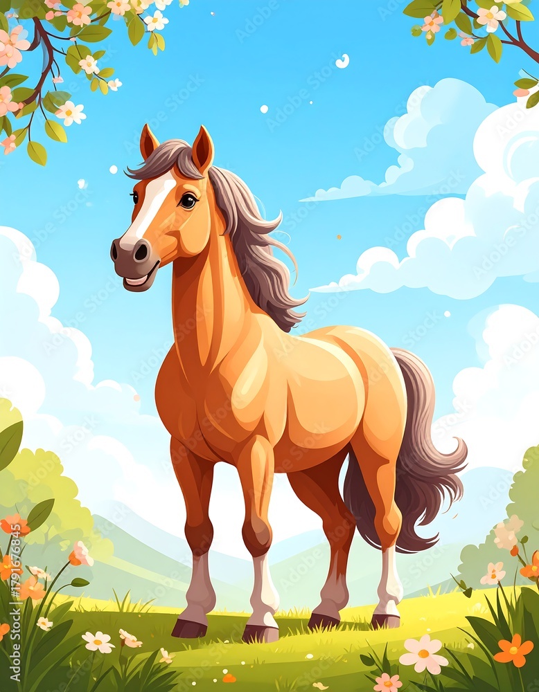 Obraz premium A charming, cartoon-style horse stands in a lush green meadow under a bright blue sky, with blooming flowers