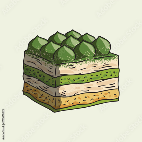 Illustration of sliced ​​matcha tiramisu