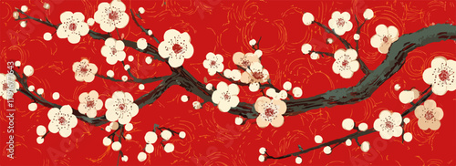 鮮やかな赤色の背景に白梅の花が咲く、日本の伝統的なベクターアート