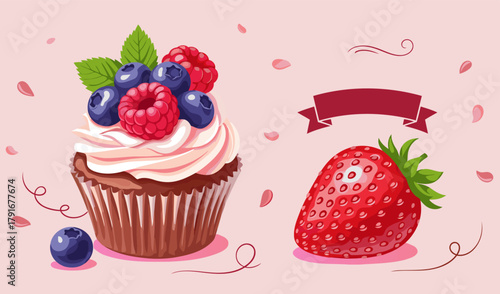 Cupcake with Berries and Empty Ribbon Label Vector