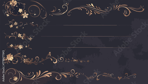 エレガントな装飾的な金の渦巻きと花のベクターデザイン、ダーク背景に繊細なパターン