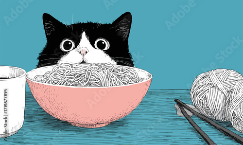 黒猫がラーメンを美味しそうに食べる、手編み毛糸玉と箸が横に添えられたイラスト