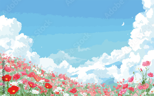 青空の下、ポピーの花畑が広がり、白い雲が浮かぶ、美しく穏やかな夏の風景。