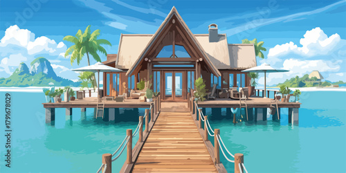 南国の海に建つ、水上コテージへの木製桟橋とリゾート風の家。