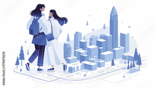 都会の風景を歩く二人の女性、ミニチュアの街並みと高層ビル群、青いトーンのイラストレーション