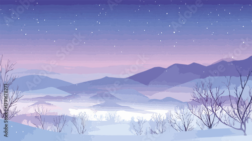 幻想的な冬の夜景、雪山と星空が広がる美しい自然の風景、ベクターアート