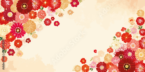 鮮やかな花々が彩る、和風のベクター背景デザイン。お祝いや季節のイベントに最適。