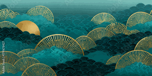 金色の扇と青い波が重なり合う、幻想的な東洋風の風景。太陽が輝く。