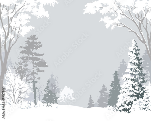 雪景色の中に佇む木々、冬の静寂と自然の美しさを描いたベクターイラストレーション。