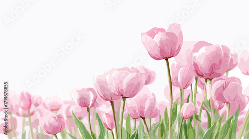 淡いピンクのチューリップが咲き誇る、春の柔らかな日差しを感じさせるベクターイラスト。