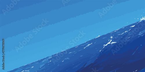 青い空と青い海のダイナミックなベクターイラストレーション、波が打ち寄せる様子。