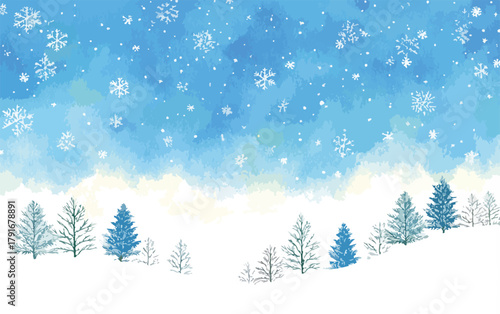 水彩画風の冬の風景、雪が舞う青空と雪化粧した木々、クリスマスの背景イラスト
