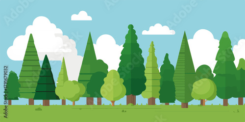 緑豊かな木々が広がる、青空と白い雲の背景に描かれたフラットデザインの風景ベクターイラスト。