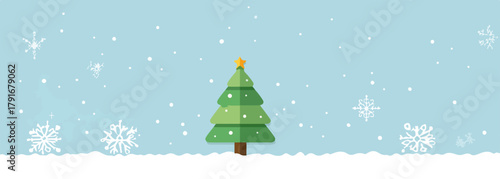 雪が降る冬の風景、中央にクリスマスツリーが描かれたベクターイラスト